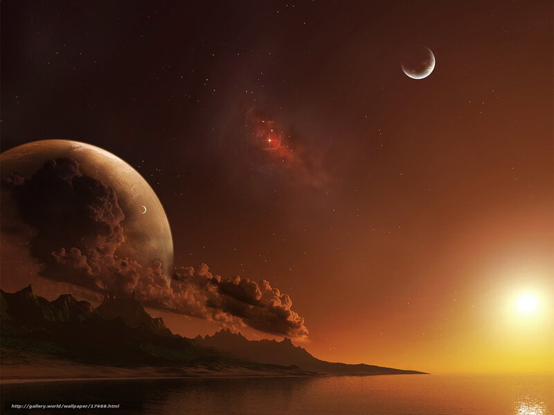 Alien Planet Landscape — Orange, Dramatic, Sunset, Digital Art, Planets, Stars, Sun