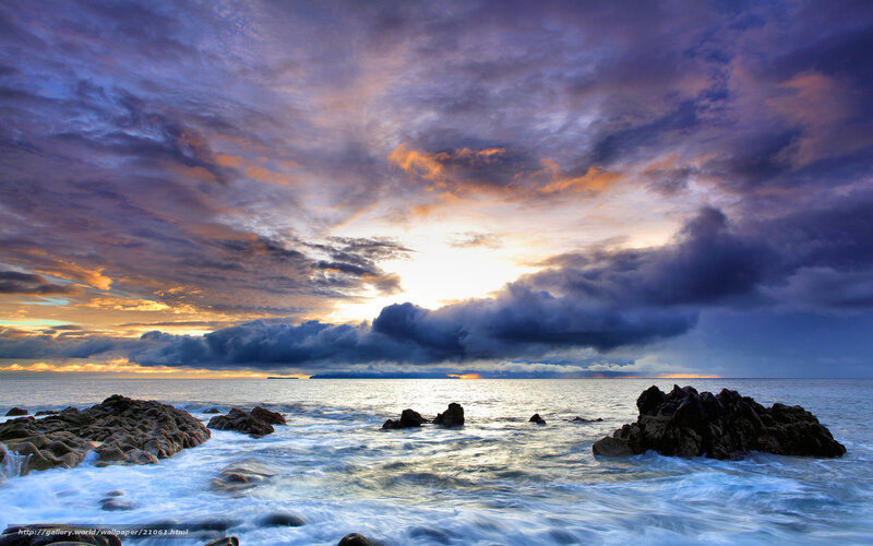 Ocean Waves at Sunset — Purple, Dramatic, Photograph, Rocks, Clouds, Sea, Orange
