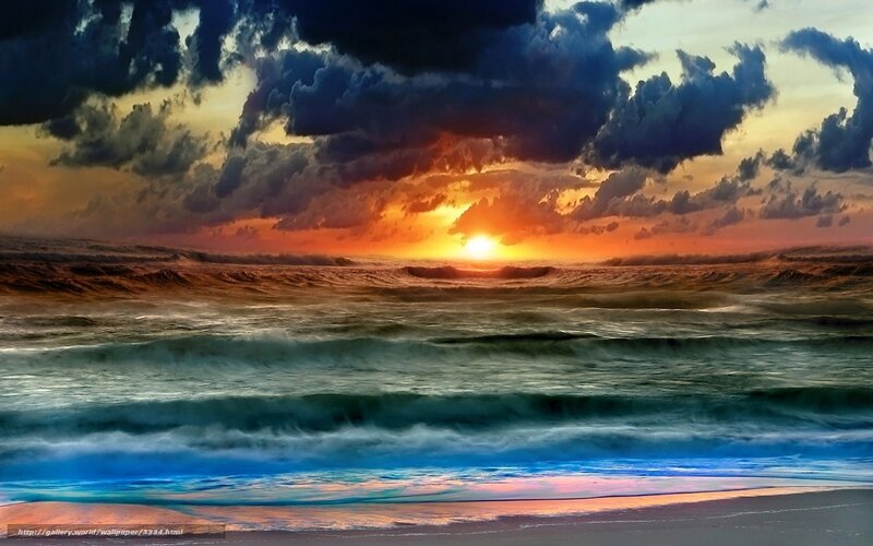Ocean Waves at Sunset — Orange, Dramatic, Photograph, Sun, Clouds, Beach, Blue