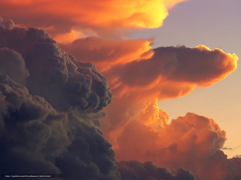 Cumulus Clouds at Sunset — Orange, Dramatic, Photograph, Sky, Sunlight