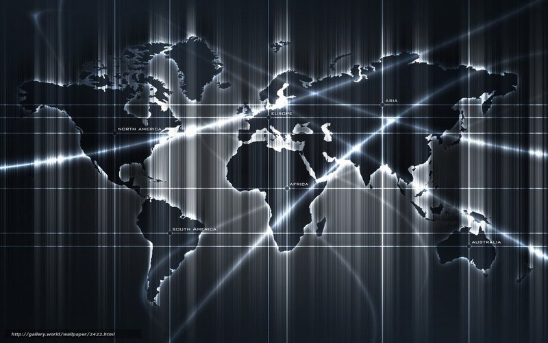 World Map with Grid — Black, Technological, Digital Art, Grid Lines, Glowing Light, Continent Labels