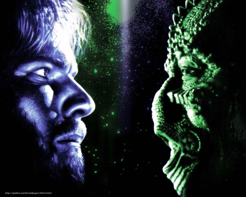 Man Facing Alien Creature — Black, Dramatic