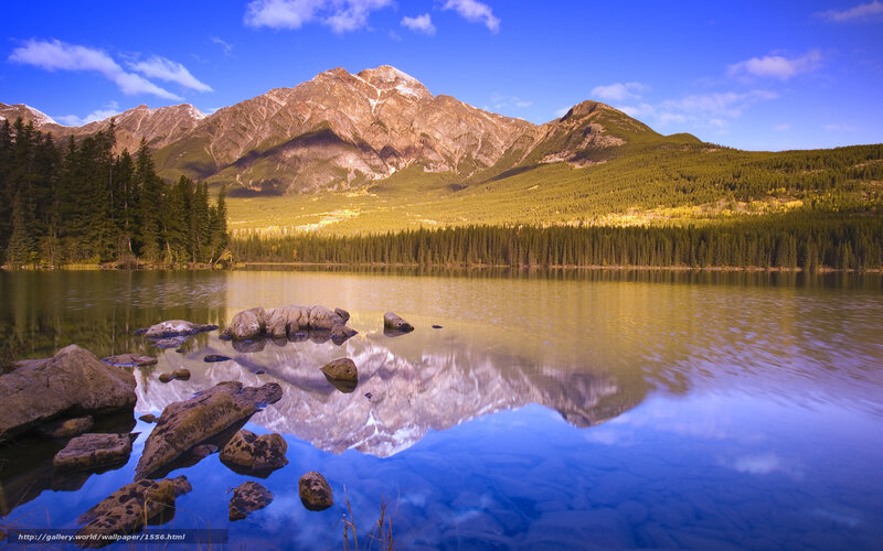 Mountain Lake Reflection — Blue, Serene, Afternoon, Photograph, Mountains, Forest, Rocks, Sky, Green