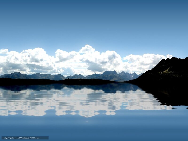Mountain Lake Reflection — Blue, Serene, Afternoon, Photograph, Mountains, Clouds, White