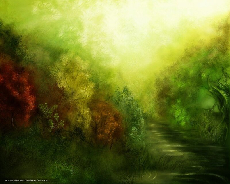 River Through Forest — Green, Serene, Morning, Digital Art, Trees, Stream