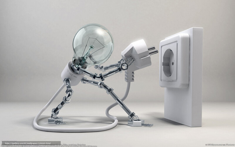 Robot with Light Bulb Head — White, Neutral, 3d Render, Light Bulb, Plug, Outlet, Gray