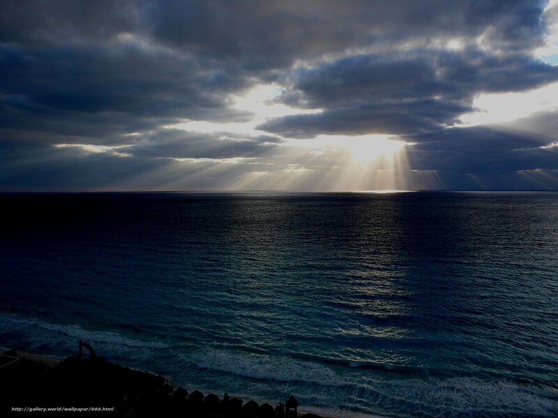 Sunlight Through Clouds over Ocean — Blue, Dramatic, Sunset, Photograph, Sunbeams, Gray