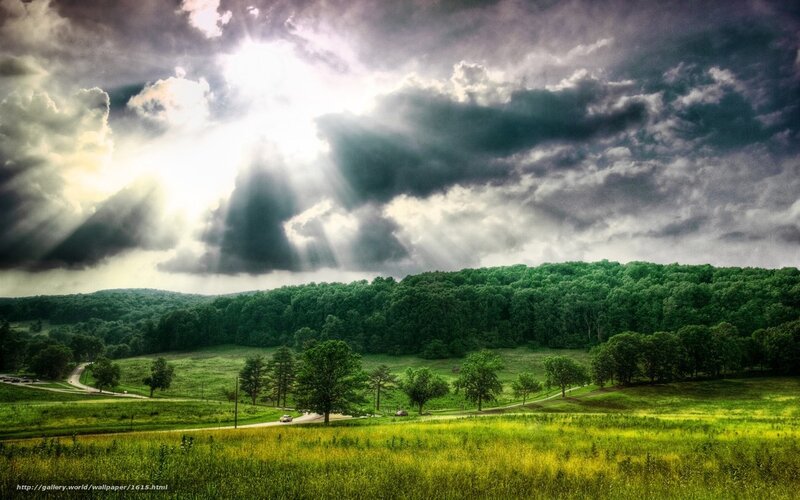 Sunlight Through Storm Clouds — Green, Dramatic, Afternoon, Photograph, Trees, Road, Gray