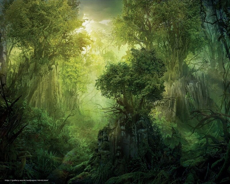 Ancient Forest with Sunlight — Green, Serene, Morning, Digital Art, Trees