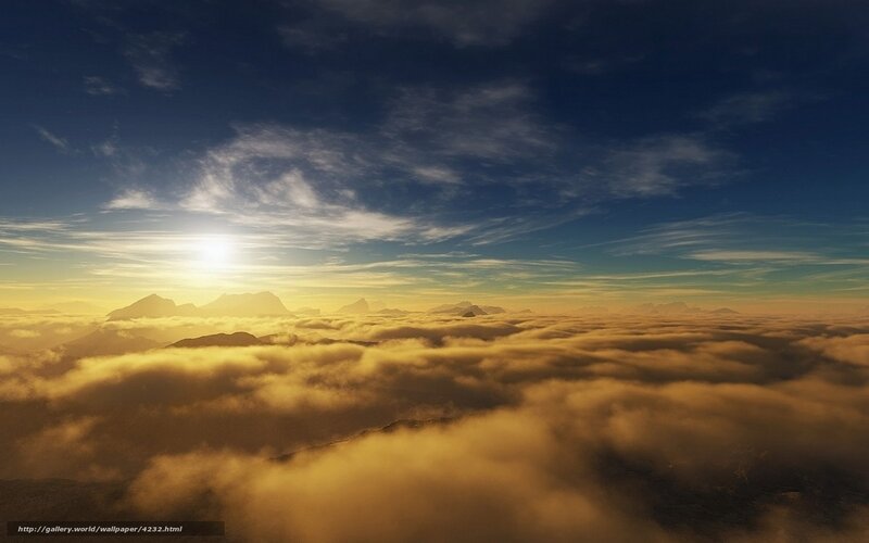Mountain Peaks Above Clouds — Blue, Serene, Sunrise, 3d Render, Sun, Sky
