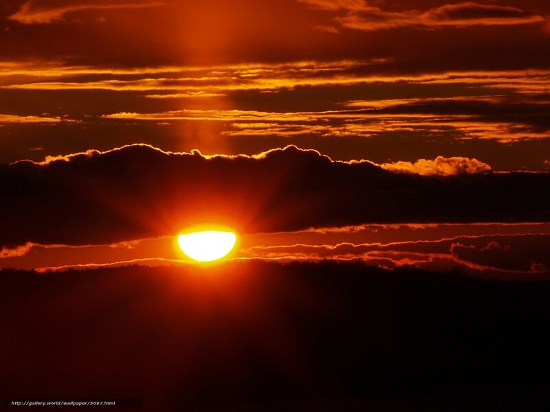 Sun Setting Behind Clouds — Orange, Dramatic, Sunset, Photograph, Sky, Horizon, Red