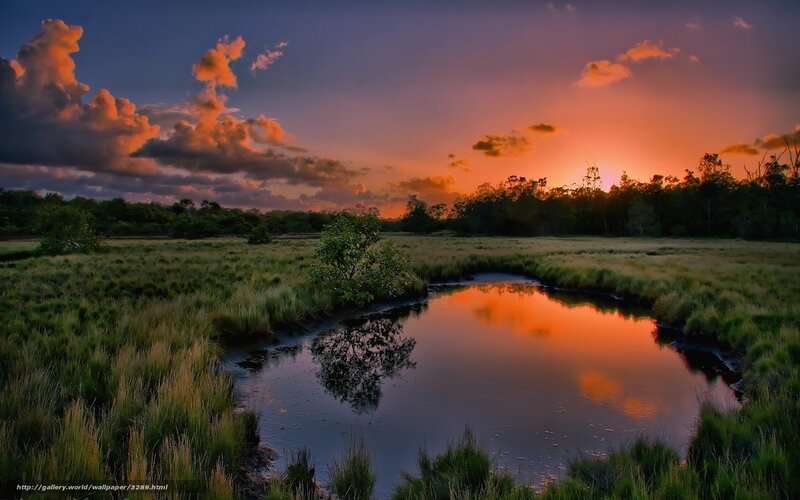 River in Marsh at Sunset — Orange, Dramatic, Photograph, Sky