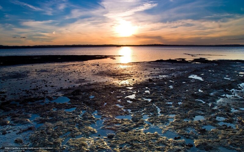 Sunset over Tidal Flats — Blue, Serene, Photograph, Sun, Water, Sky