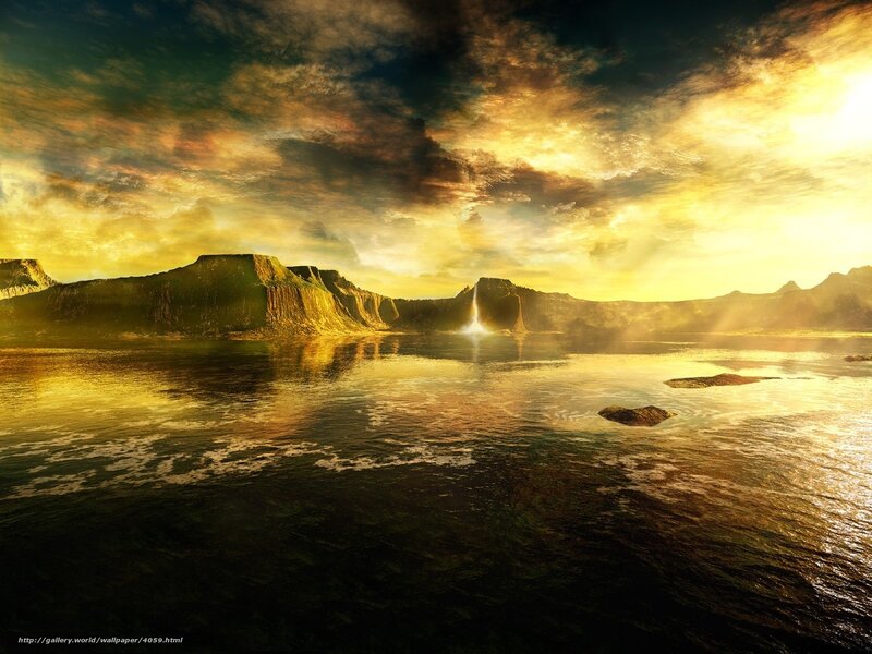 Alien Landscape with Waterfall — Gold, Dramatic, Sunset