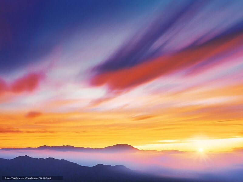 Mountain Range at Sunrise — Orange, Serene, Photograph, Sun, Clouds, Fog, Purple