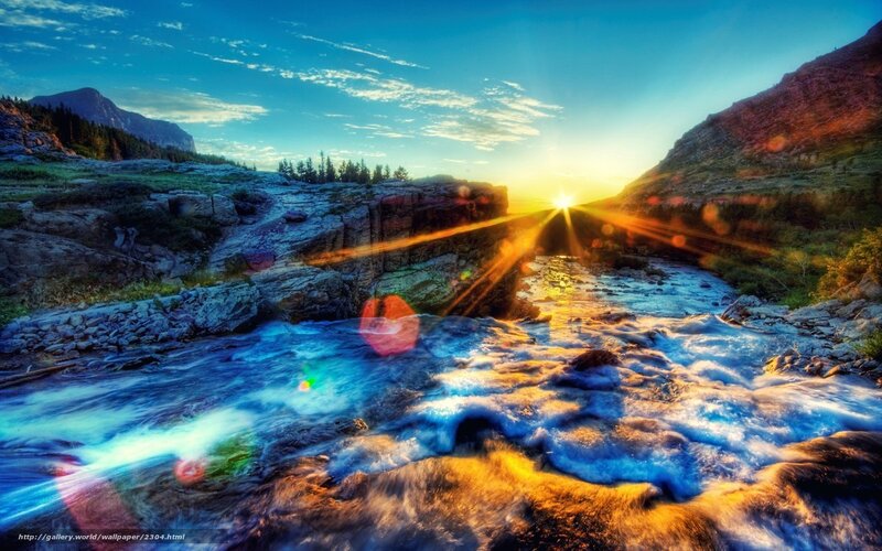 River Flowing Through Canyon — Blue, Dramatic, Sunset, Photograph, Mountain, Sun, Trees, Rocks, Yellow