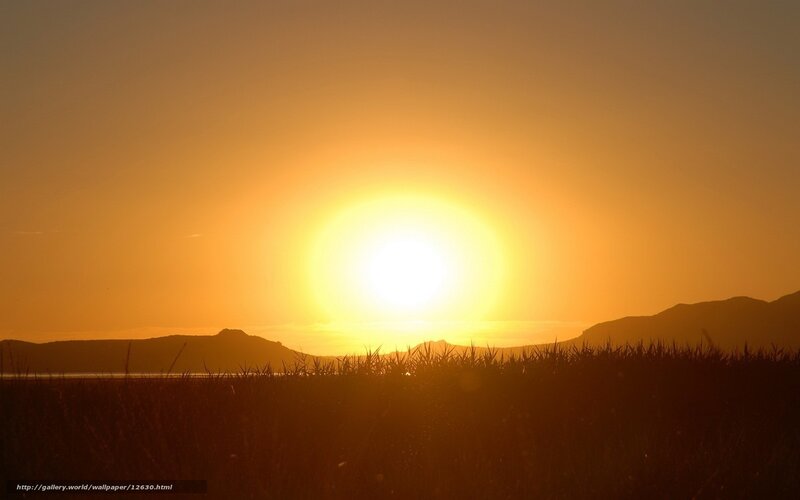 Sun Setting over Mountains — Orange, Serene, Sunset, Photograph, Grass, Sky