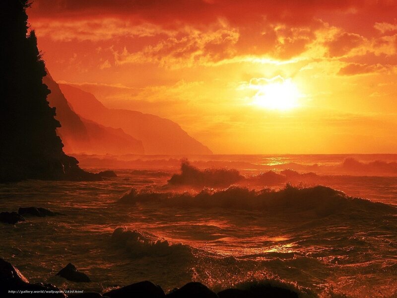 Ocean Waves at Sunset — Orange, Dramatic, Photograph, Mountains, Sky, Rocks, Red
