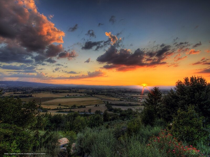 Sunset over Rolling Hills — Orange, Dramatic, Photograph, Clouds, Fields