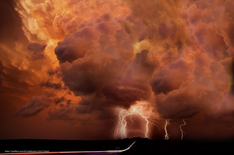 Lightning Storm over Road — Orange, Dramatic, Night, Photograph, Clouds, Black